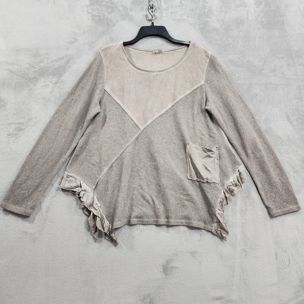 Top Women M Beige Metallic Long Sleeve Asymmetrical Ruffle Tunic Lagenlook Italy